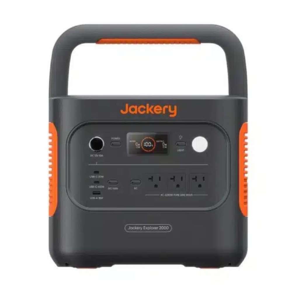 Jackery Explorer 2000 V2 Portable Power Station shown from the front highlights its built-in handle, display screen, multiple output ports, and compact design