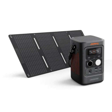 Jackery Explorer 300D + 40W Air Solar Panel portable power station with a foldable solar panel, shown ready for lightweight camping, travel, or emergency backup power