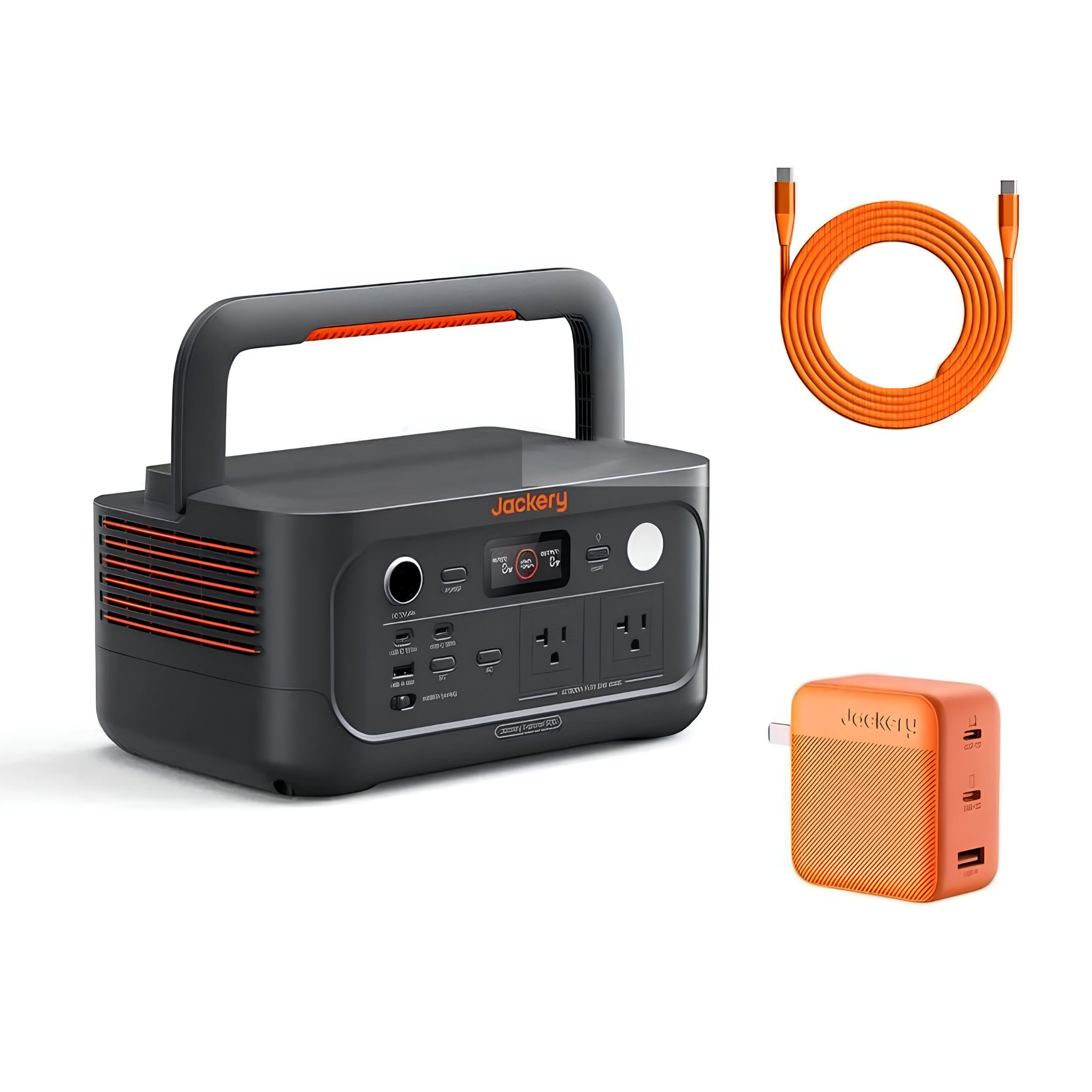 Jackery Explorer 500 v2 Portable Power Station is displayed with a USB-C cable and compact wall charger on a clean white background