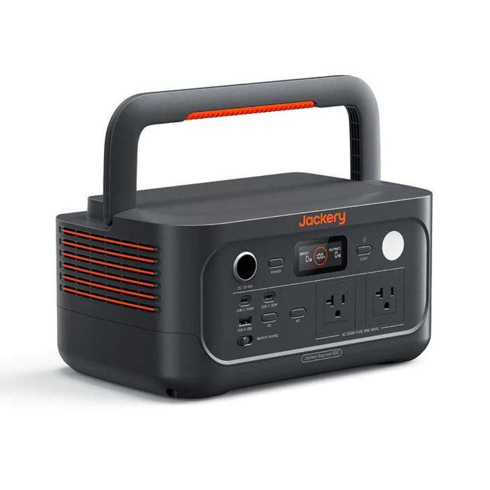 Jackery Explorer 500 v2 Portable Power Station is shown from the front on a white background, featuring a built-in handle, display screen, and multiple charging ports