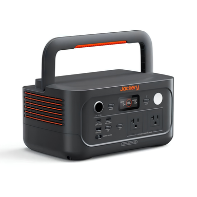 Jackery Explorer 500 v2 Portable Power Station is shown from the front on a white background, featuring a built-in handle, display screen, and multiple charging ports