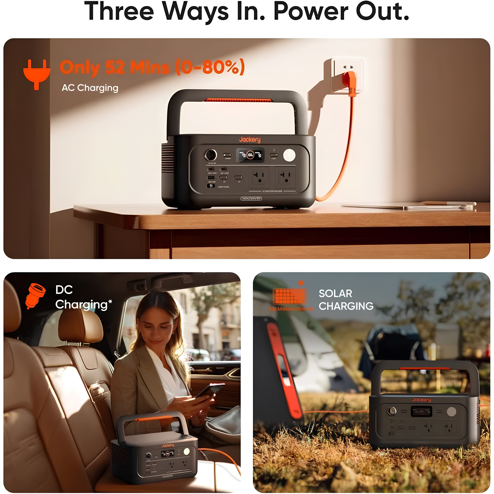Jackery Explorer 500 v2 Portable Power Station is shown with AC, car, and solar charging options to illustrate its flexible recharging methods
