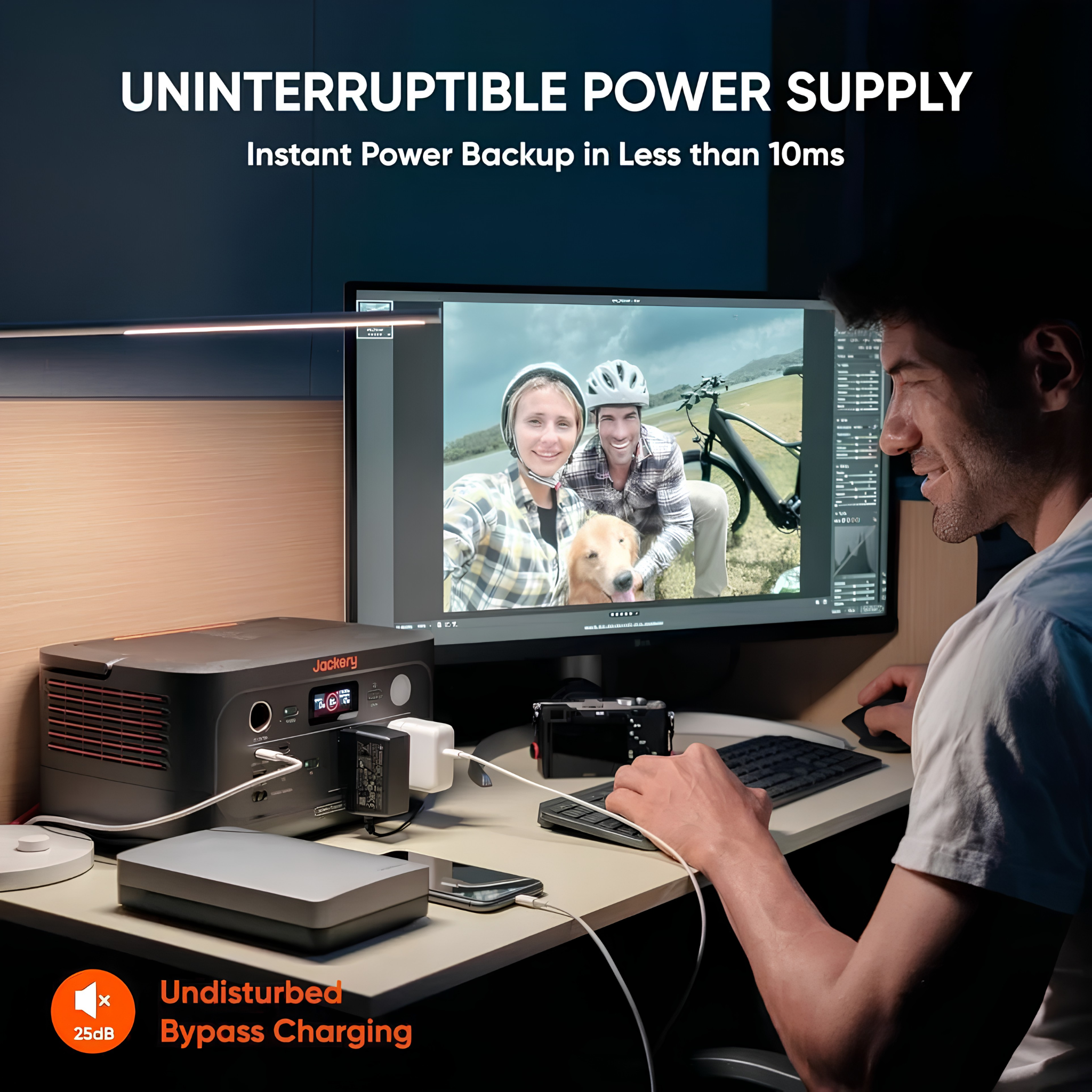 Jackery Explorer 500 v2 Portable Power Station powers a desktop setup during a blackout, highlighting its fast UPS backup capability