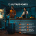 Jackery Explorer 5000 Plus Portable Power Station powering kitchen appliances during an outage, with text showing 12 output ports