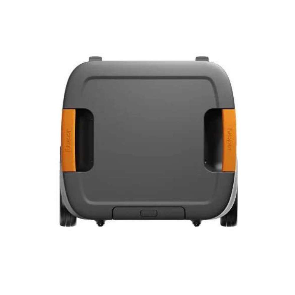 Jackery Explorer 5000 Plus Portable Power Station shown from the back with orange side handles and built-in wheels