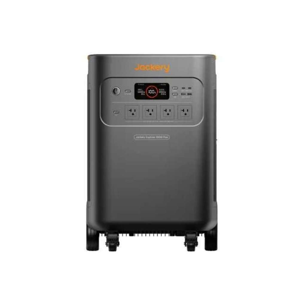 Jackery Explorer 5000 Plus Portable Power Station shown from the front with four AC outlets, USB ports, and a central display screen