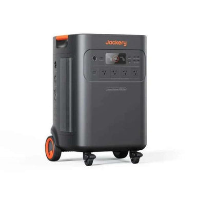 Jackery Explorer 5000 Plus Portable Power Station shown from the front with wheels, handles, display screen, and multiple output ports