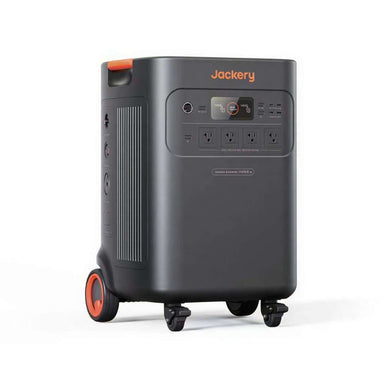 Jackery Explorer 5000 Plus Portable Power Station shows wheels, handles, display screen, and multiple output ports