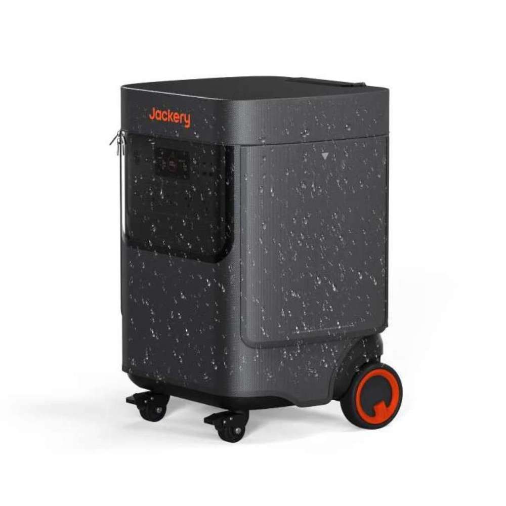 Jackery Explorer 5000 Plus Protective Cover covering the power station with water droplets on the surface for added weather protection