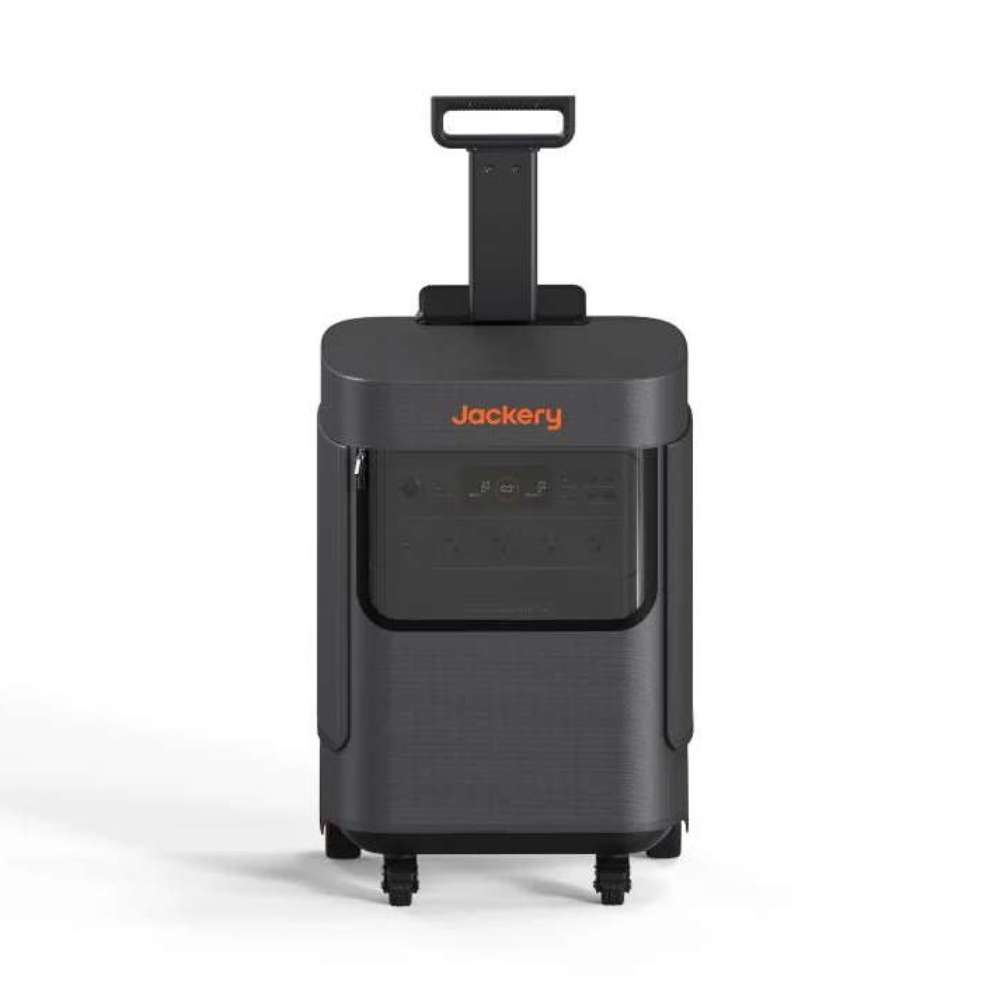Jackery Explorer 5000 Plus Protective Cover with an extended telescopic handle for easy transport of the covered power station