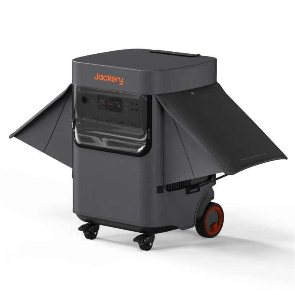Jackery Explorer 5000 Plus Protective Cover with side flaps and a clear front panel open for full access to ports and controls