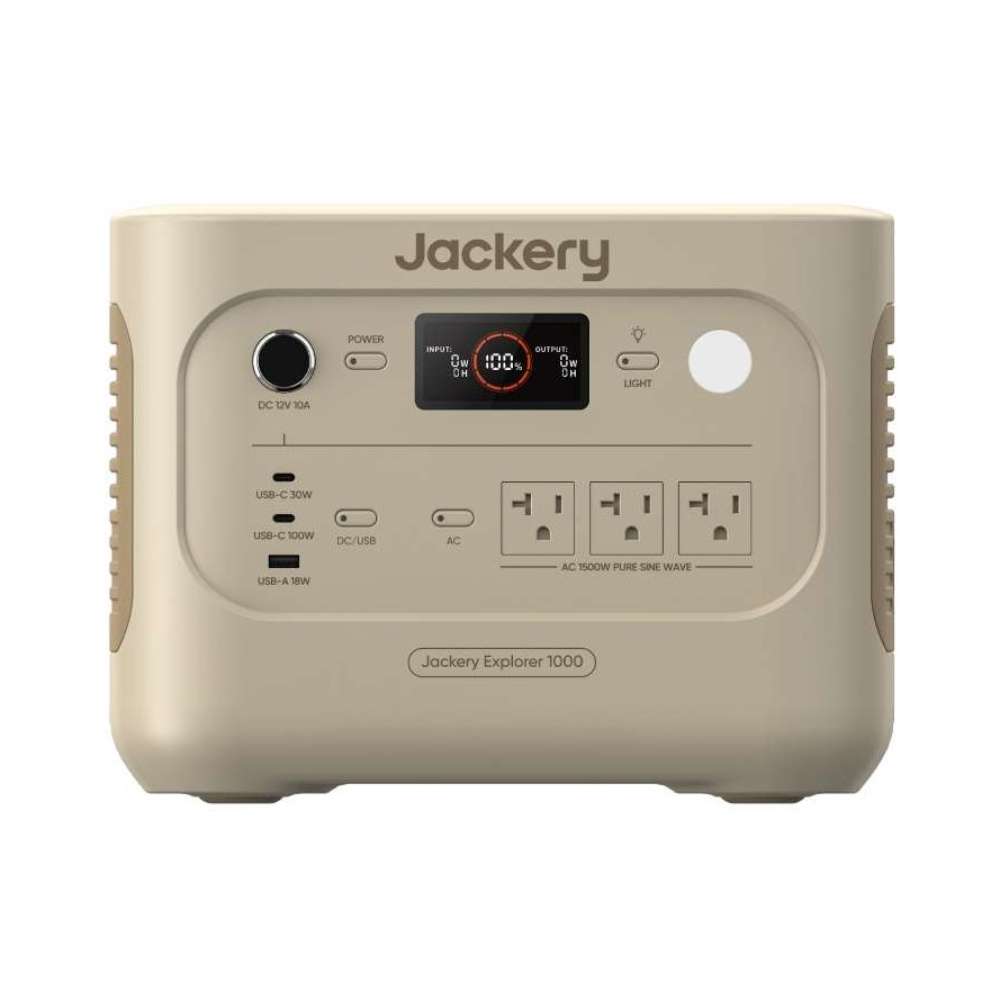 Jackery Explorer Dune White 1000 V2 Portable Power Station displayed in a front view highlighting its compact design and easy-to-access power port