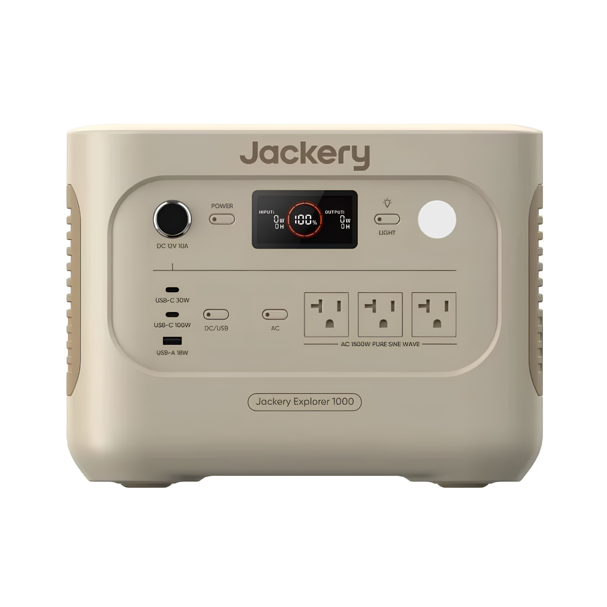 Jackery Explorer Dune White 1000 V2 Portable Power Station displayed in a front view highlighting its compact design and easy-to-access power port

