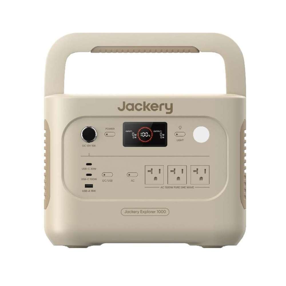 Jackery Explorer Dune White 1000 V2 Portable Power Station shown from the front with its display, outlets, USB ports, and built-in carrying handle