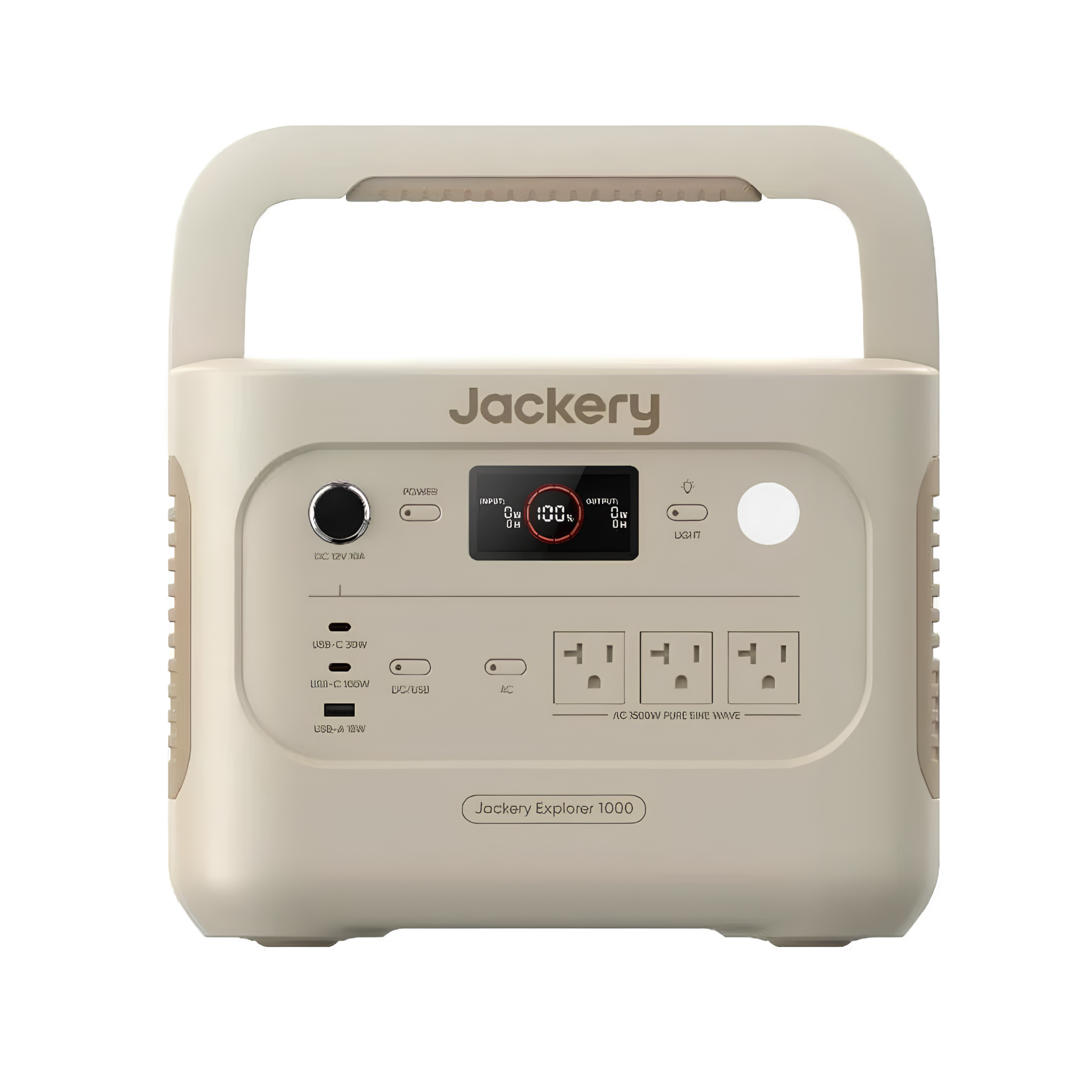 Jackery Explorer Dune White 1000 V2 Portable Power Station shown from the front with its display, outlets, USB ports, and built-in carrying handle