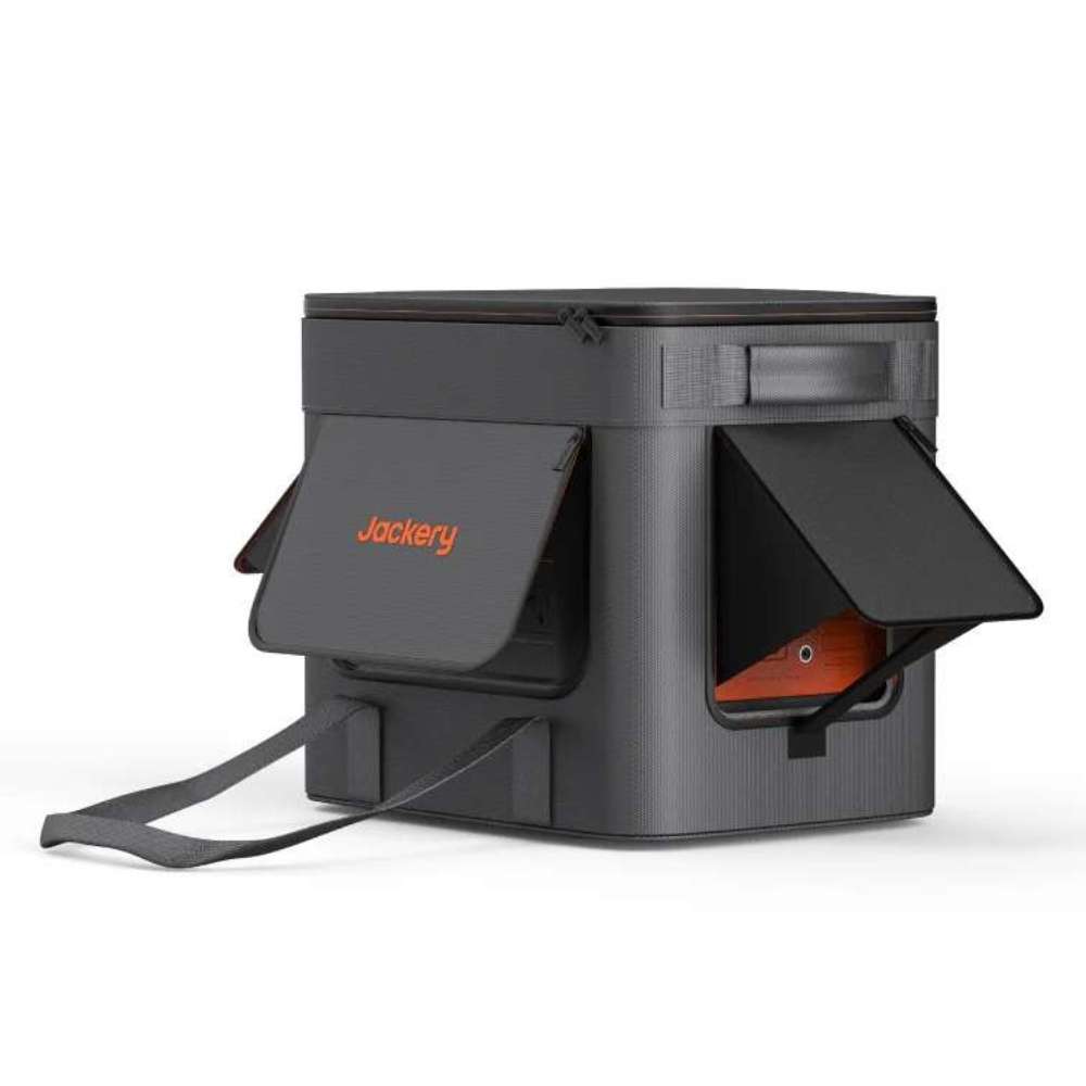 Jackery Extreme Guard Carrying Bag with front and side access flaps open to show cable ports and easy access to a portable power station