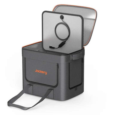 Jackery Extreme Guard Carrying Bag with the top lid open to reveal a portable power station and charging cable stored inside