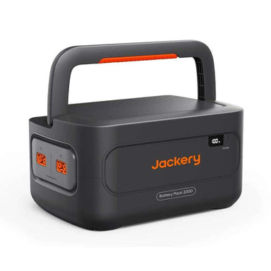 Jackery HomePower 2000 Plus v2 Battery Pack shown alone with a built-in handle, orange connection ports, and a small front power display