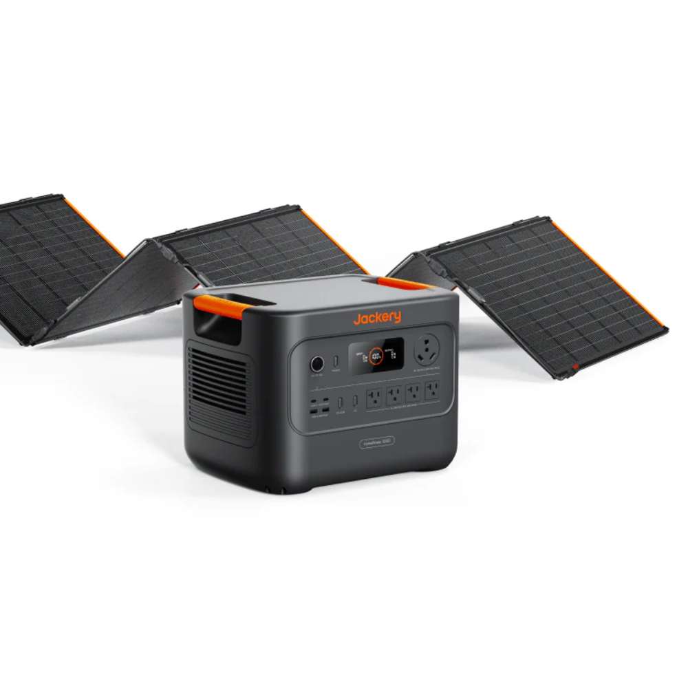 Jackery HomePower 2000 Plus v2 Power Station + 500X Solar Panel portable power station displayed with a fully unfolded foldable solar panel ready