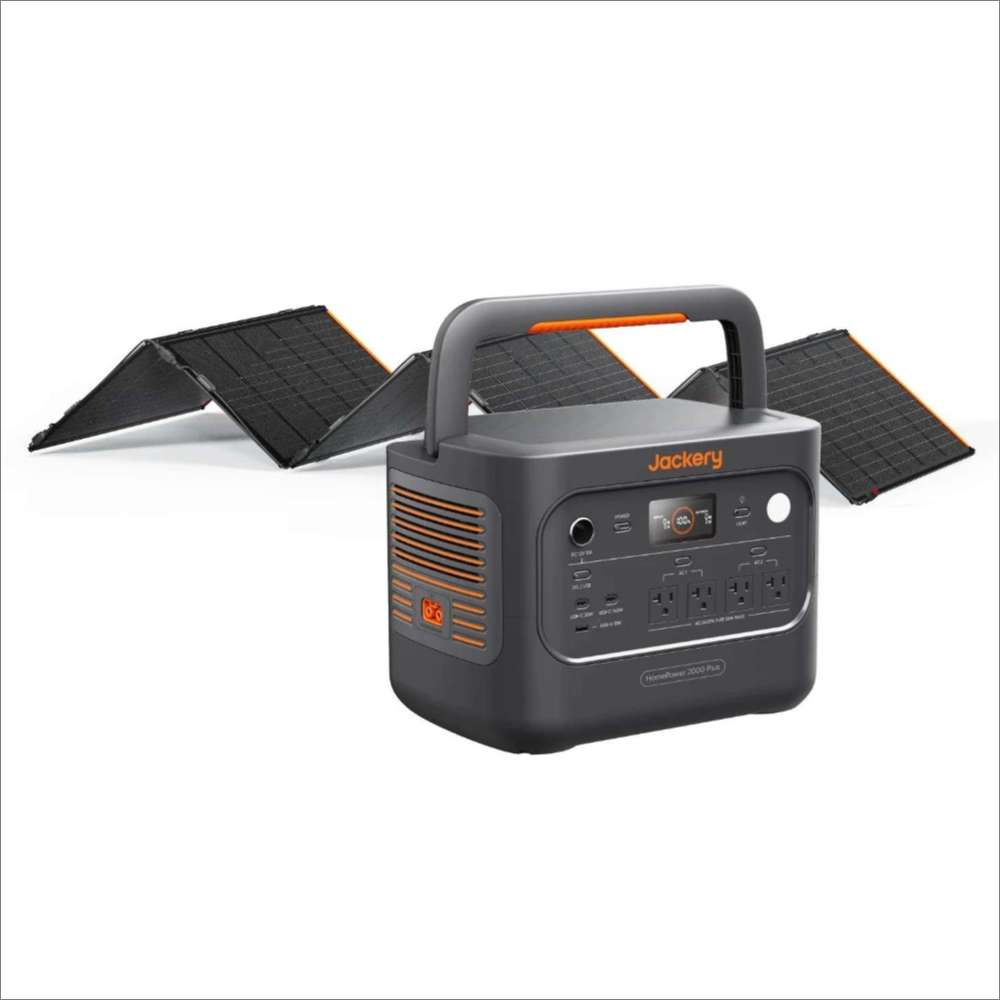 Jackery HomePower 2000 Plus v2 Power Station + 500X Solar Panel portable power station paired with a large foldable solar panel for reliable home backup and off-grid power