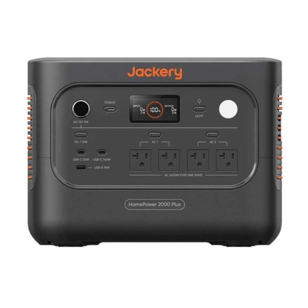 Jackery HomePower 2000 Plus v2 Power Station front view showing its display, USB ports, AC outlets, DC port, and built-in light