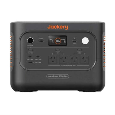 Jackery HomePower 2000 Plus v2 Power Station front view showing its display, USB ports, AC outlets, DC port, and built-in light