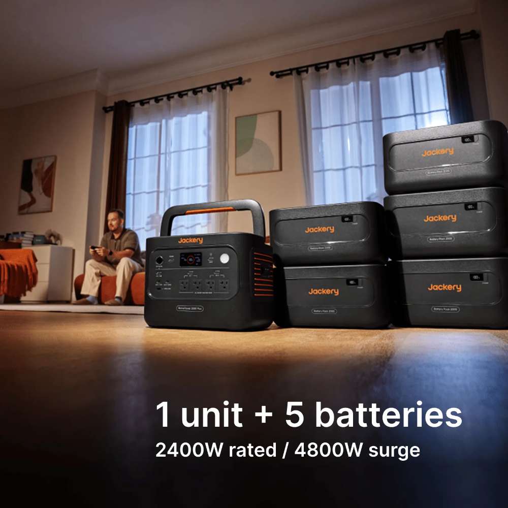 Jackery HomePower 2000 Plus v2 Power Station is shown indoors with five extra batteries, labeled as 2400W rated and 4800W surge power
