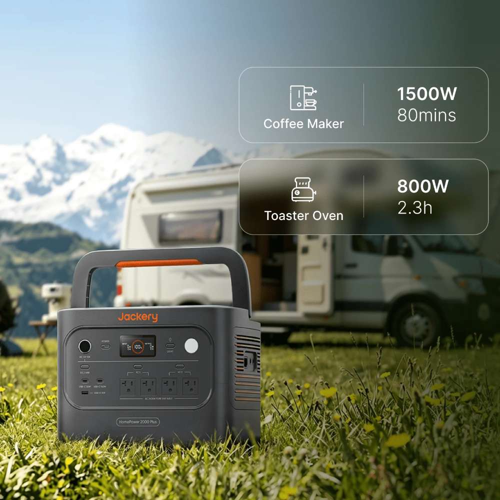 Jackery HomePower 2000 Plus v2 Power Station sits on grass beside an RV, with text showing it can power a 1500W coffee maker and 800W toaster oven