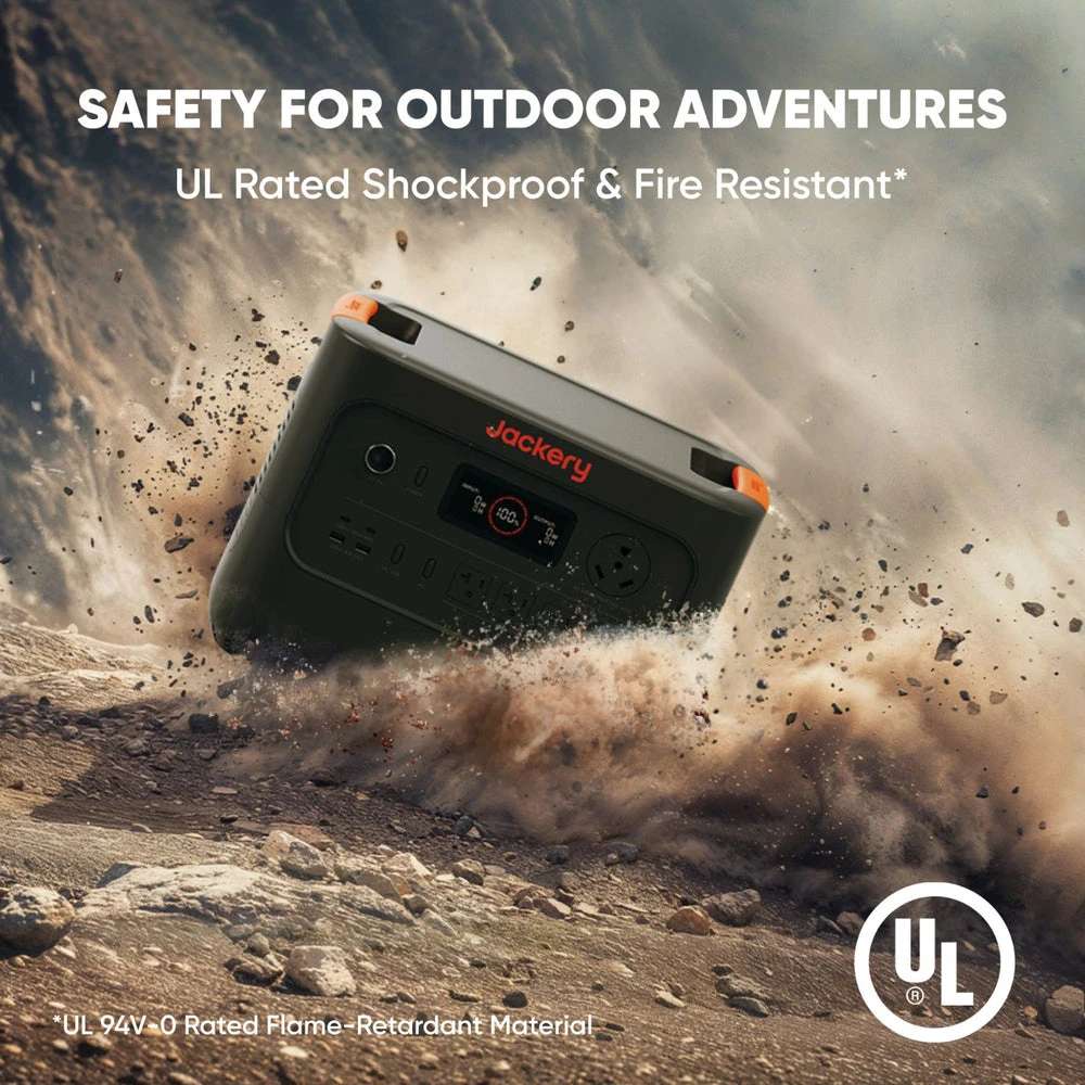 Jackery HomePower 3000 Portable Power Station is shown in a rugged outdoor scene with text about shockproof and fire-resistant safety