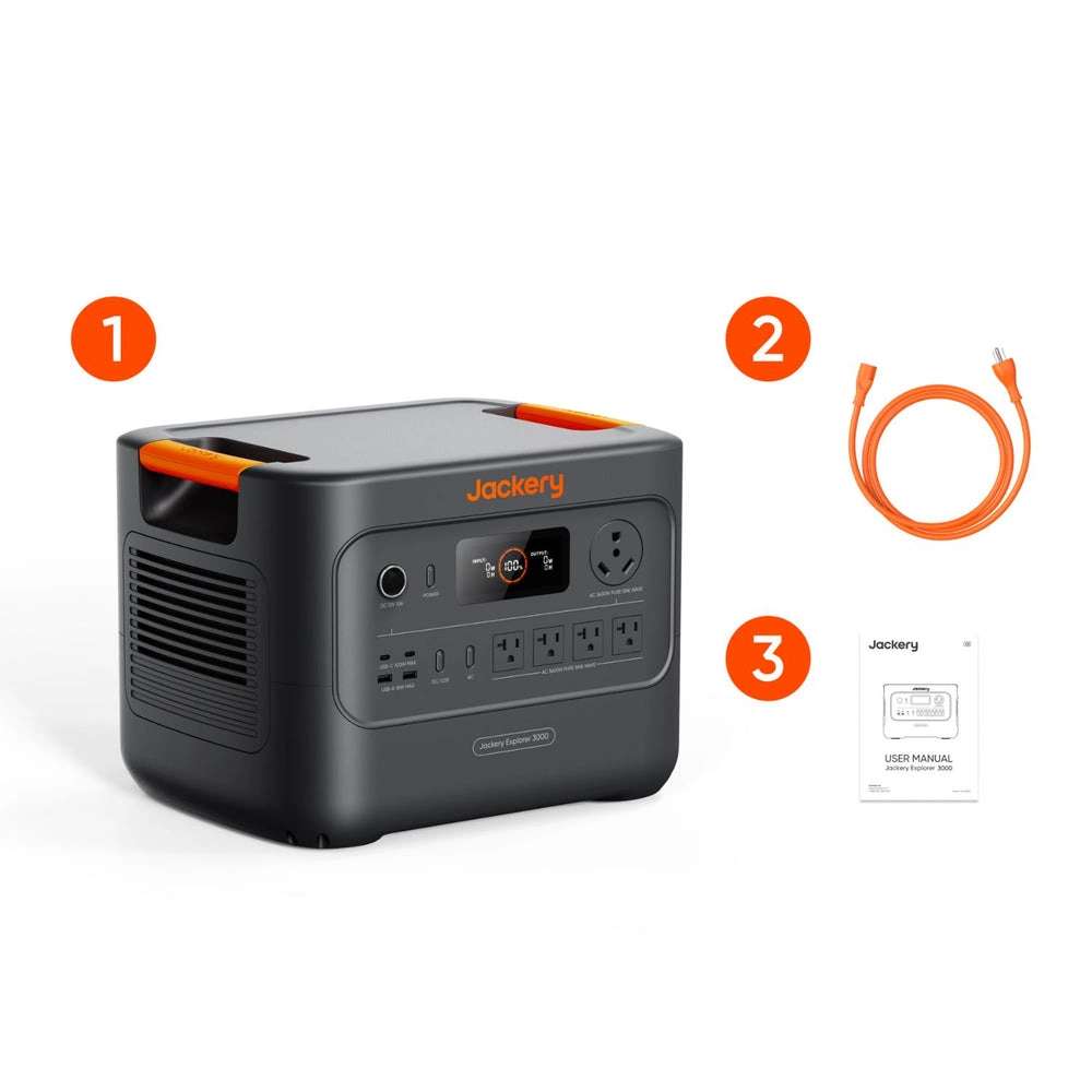 Jackery HomePower 3000 Portable Power Station is shown with its included charging cable and user manual