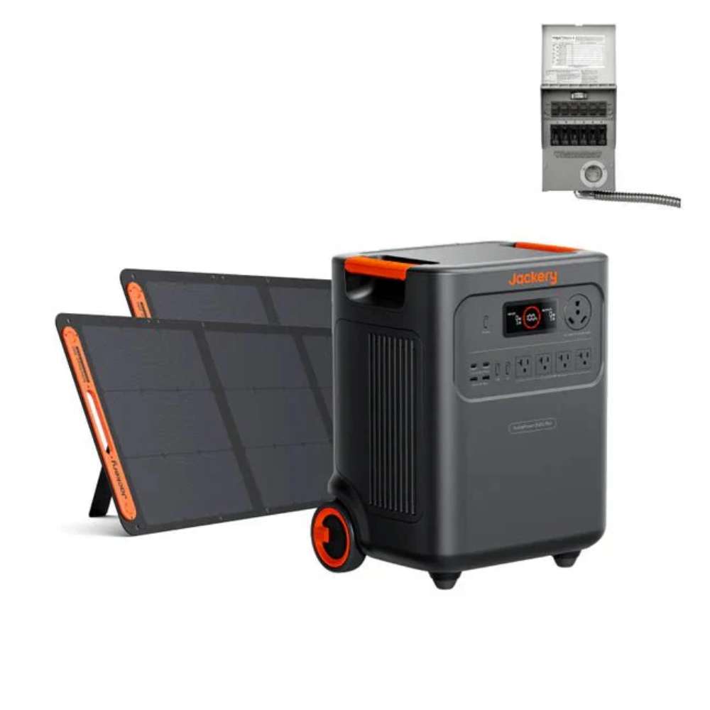 Jackery HomePower 3600 Plus + 2 x SolarSaga 200W Solar Panel + x 2 + Manual Transfer Switch includes a portable power station, two foldable solar panels, and a manual transfer switch