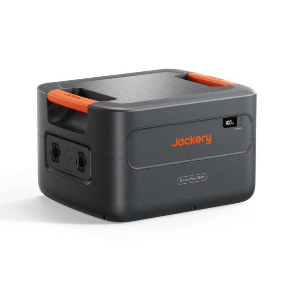 Jackery HomePower 3600 Plus Battery Pack shown at an angle with orange handles, side ports, and a front battery display
