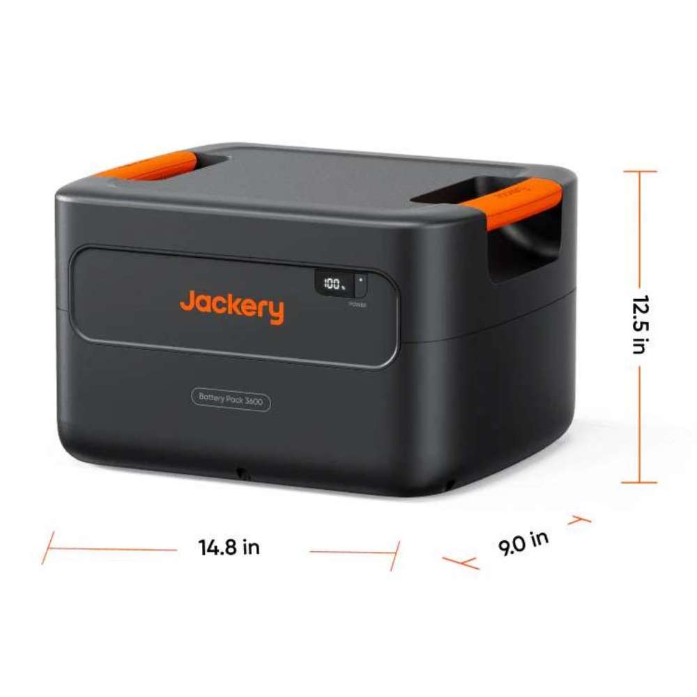 Jackery HomePower 3600 Plus Battery Pack shown with size markings for 14.8 inches wide, 9.0 inches deep, and 12.5 inches tall