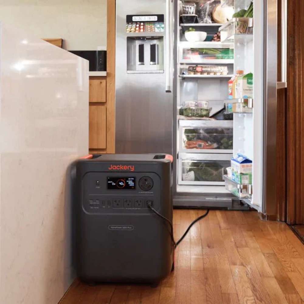 Jackery HomePower 3600 Plus Portable Power Station powering a refrigerator during a home power outage to keep food fresh