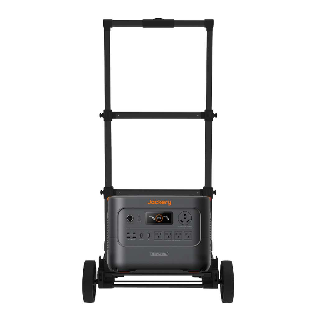 Jackery Power Station Trolley holding a Jackery portable power station with an extended handle and wheels for easy transport