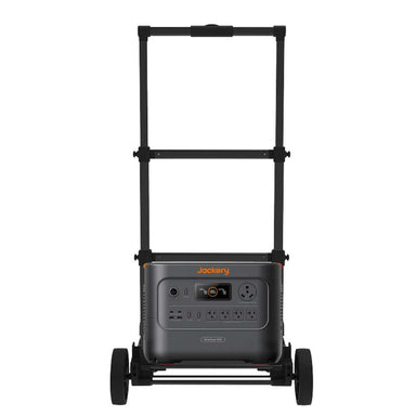 Jackery Power Station Trolley holding a Jackery portable power station with an extended handle and wheels for easy transport