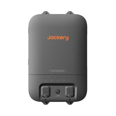 Jackery Smart Transfer Switch shown from the front with a sleek wall-mount design and connection ports at the bottom