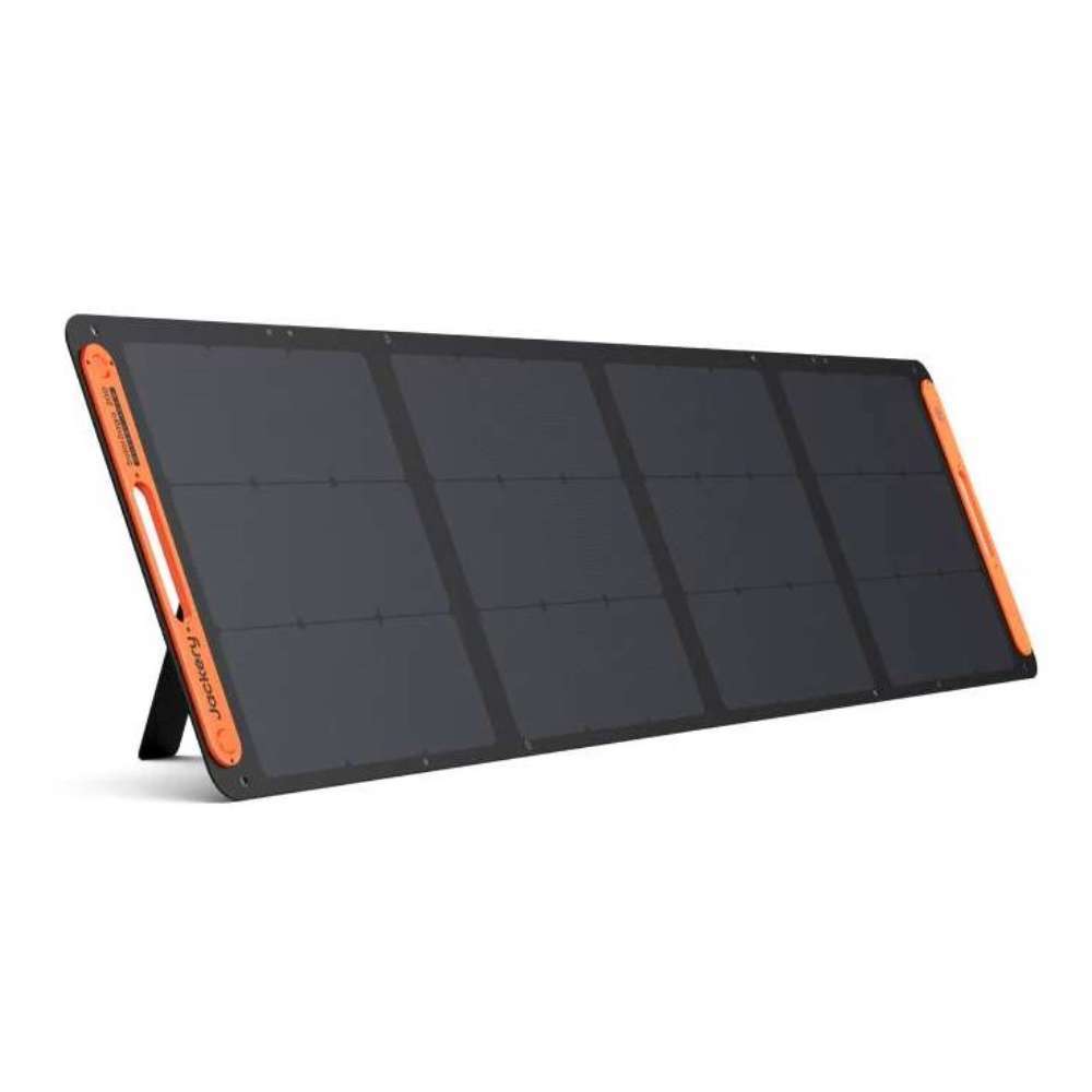 Jackery Solar Generator 2000 V2 + 200W Solar Panel foldable solar panel opened on its built-in stand, ready to capture sunlight for portable power