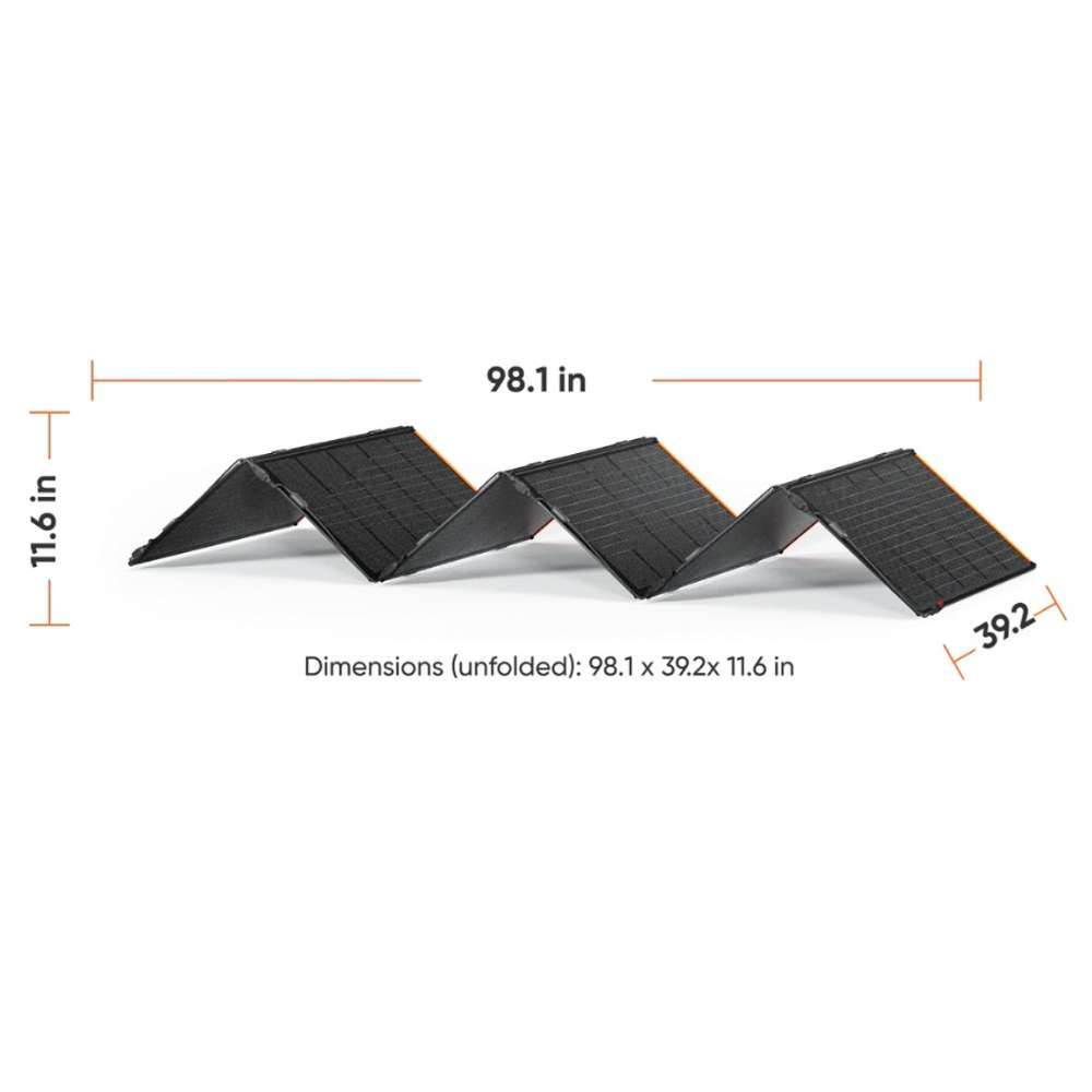 Jackery Solar Generator 2000 V2 + 500W Solar Panel foldable solar panel shown with unfolded dimensions for easy size reference and outdoor setup