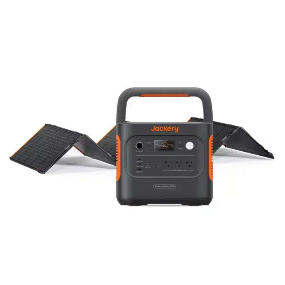 Jackery Solar Generator 2000 V2 + 500W Solar Panel portable power station paired with a large foldable solar panel for camping, RV travel, and emergency backup power