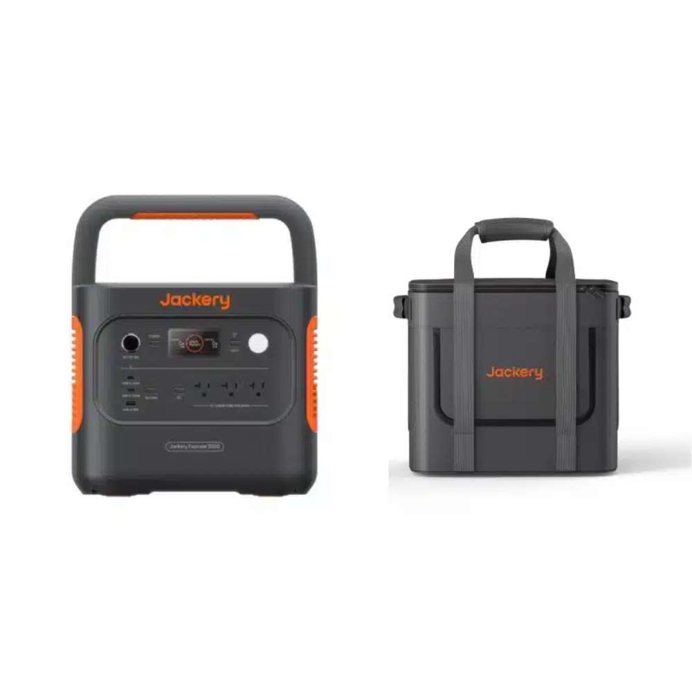 Jackery Solar Generator 2000 V2 + Guard Carrying Bag portable power station displayed beside its protective carrying bag for safe storage and transport