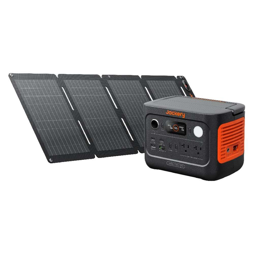 Jackery Solar Generator 300 v2 + 40W Air Solar Panel showing the portable power station beside the compact foldable solar panel