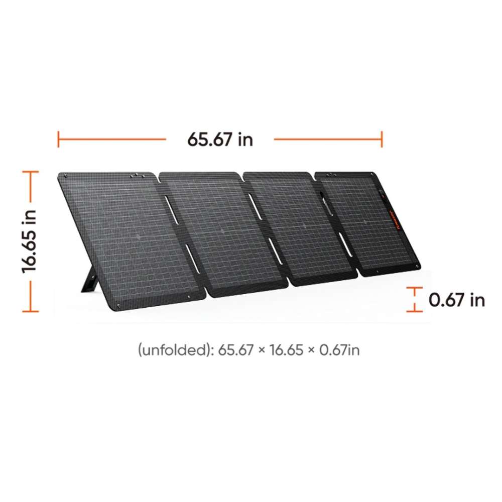Jackery Solar Generator 500 v2 + 100W Air Solar Panel foldable solar panel shown unfolded with its dimensions displayed for size reference