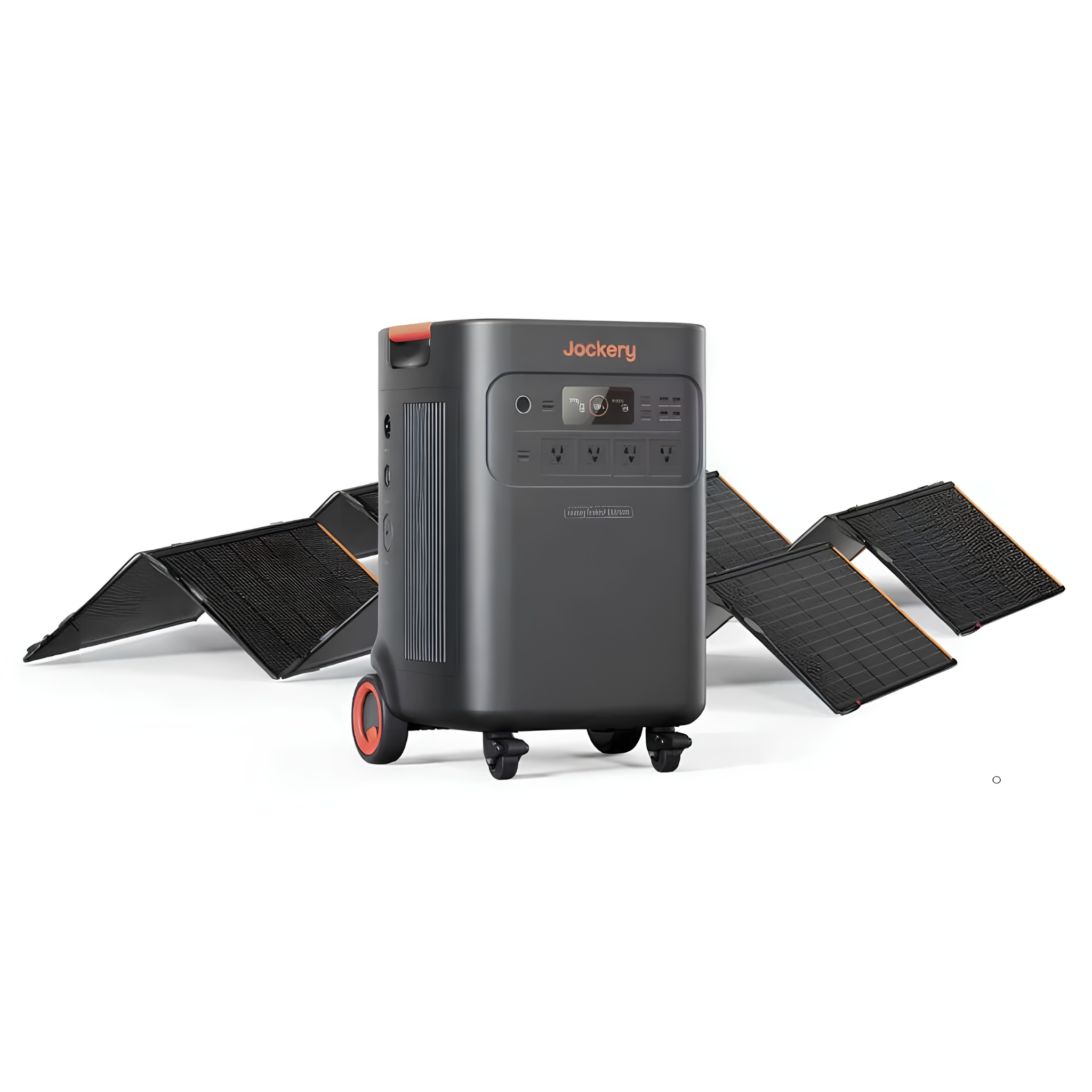 Jackery Solar Generator Explorer 5000 Plus + 2 x SolarSaga 500X portable power station positioned in front of two unfolded solar panels