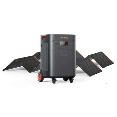 Jackery Solar Generator Explorer 5000 Plus + 2 x SolarSaga 500X portable power station positioned in front of two unfolded solar panels