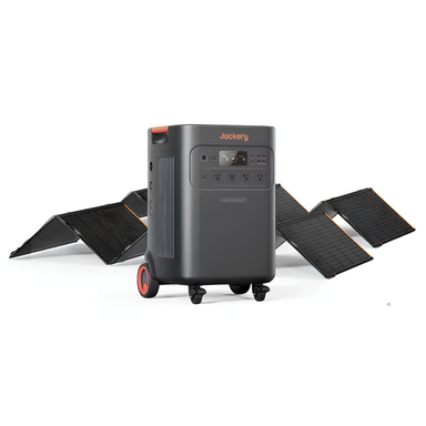 Jackery Solar Generator Explorer 5000 Plus + 2 x SolarSaga 500X portable power station positioned in front of two unfolded solar panels