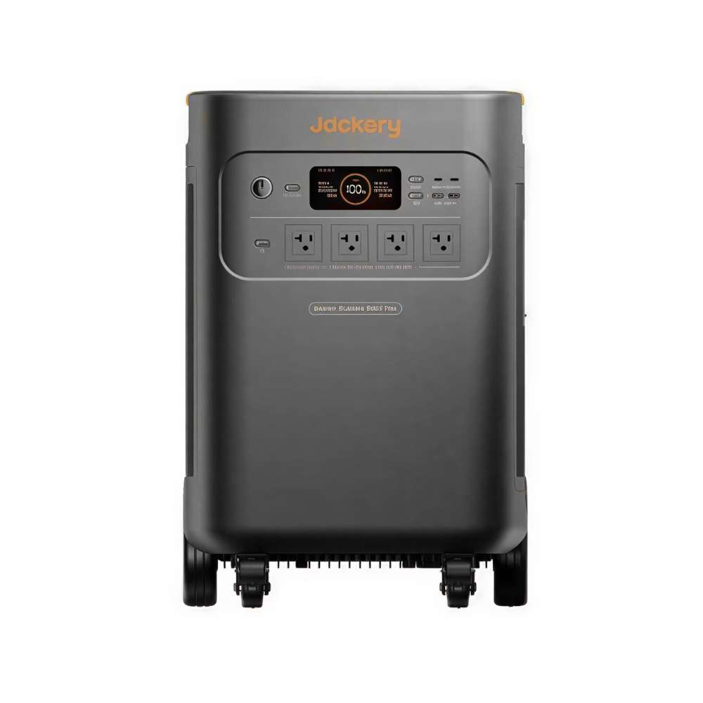 Jackery Solar Generator Explorer 5000 Plus Portable Power Station front-facing view showing the digital display, control buttons, and several AC power outlets