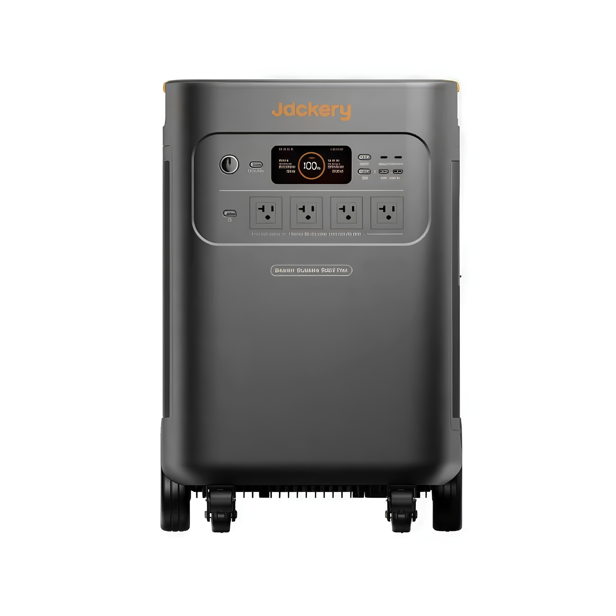 Jackery Solar Generator Explorer 5000 Plus Portable Power Station front-facing view showing the digital display, control buttons, and several AC power outlets