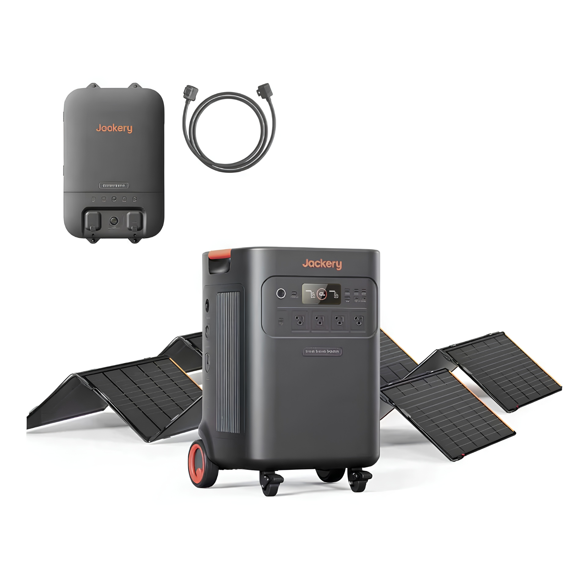 Jackery Solar Generator Explorer 5000 Plus + Smart Transfer Switch + 2 x SolarSaga 500X includes a portable power station, smart transfer switch with connection cable, and two foldable solar panels