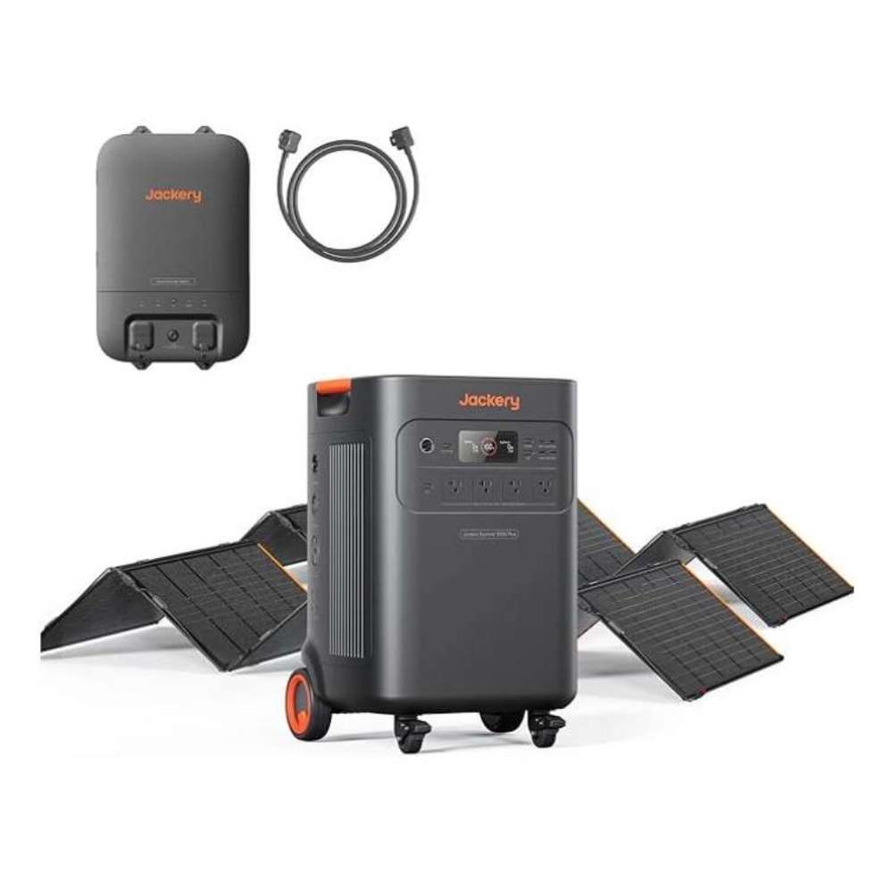Jackery Solar Generator Explorer 5000 Plus + Smart Transfer Switch + SolarSaga 500X x 2 includes a portable power station, smart transfer switch with connection cable, and two foldable solar panels